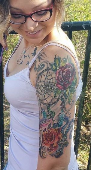 Colorful Dreamcatcher with Roses Arm Half Sleeve Tattoo