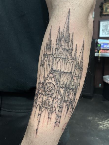 Black and Grey Gothic Cathedral Forearm Tattoo
