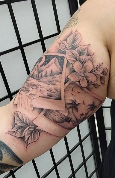 Flowers and Polaroid Photos with Landscape Inner Biceps Tattoo