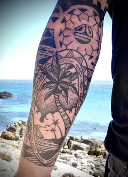 Black and Grey Landscape with Palm Trees Forearm Tattoo