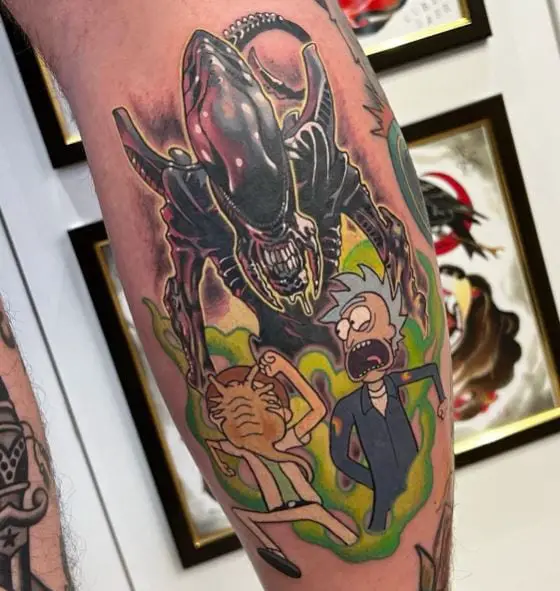 Alien with Rick and Morty Arm Tattoo