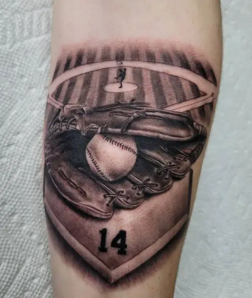 Baseball Glove with Ball and Baseball Field Forearm Tattoo