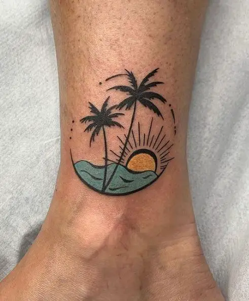 Colored Sun and Palm Trees by the Ocean Ankle Tattoo