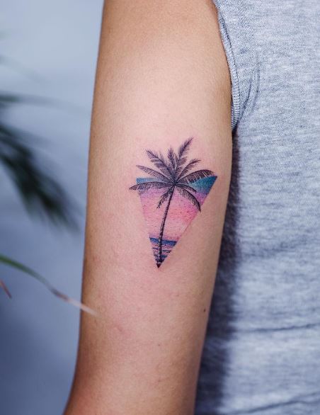 Colored Palm Tree by the Ocean Arm Tattoo