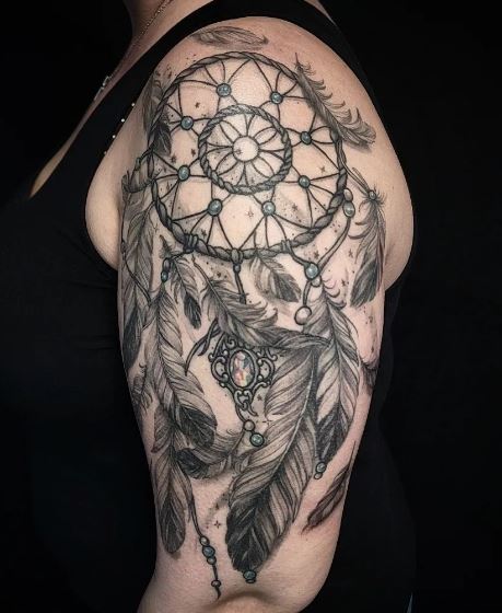 Black and Grey Dreamcatcher Arm Half Sleeve Tattoo