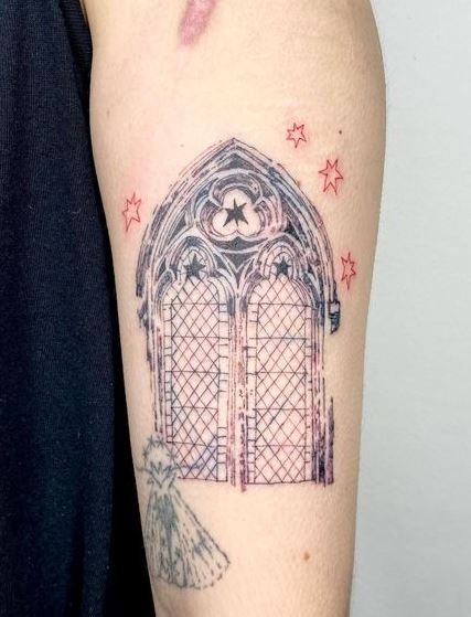 Black and Grey Gothic Door Forearm Tattoo