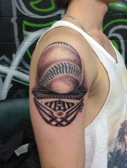 Baseball Ball and Baseball Stadium Arm Tattoo