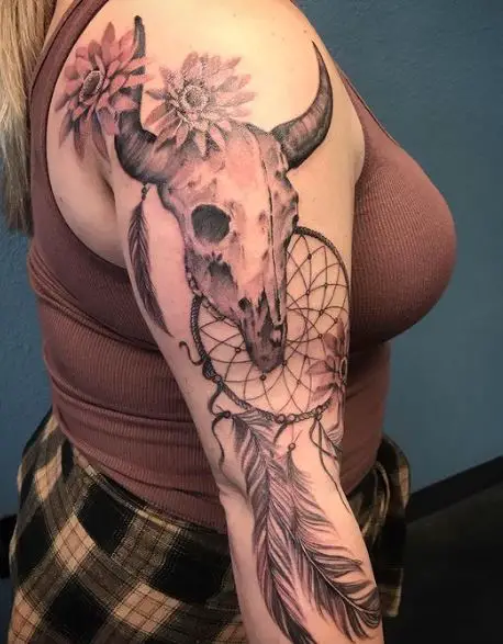Dreamcatcher with Flowers and Bull Skull Arm Half Sleeve Tattoo