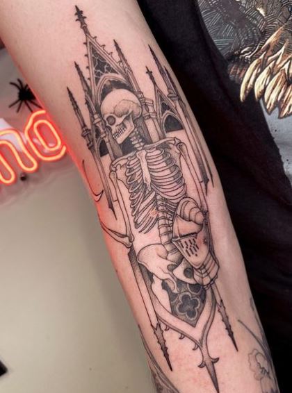 Black and Grey Skeleton and Gothic Cathedral Forearm Tattoo