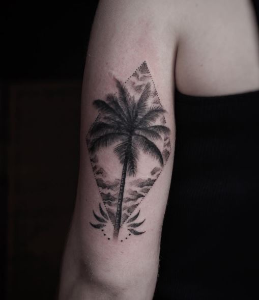 Black and Grey Ocean and Palm Tree Arm Tattoo