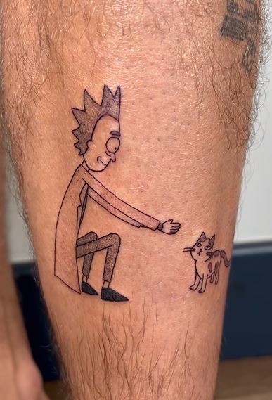 Cat and Rick Sanchez Leg Tattoo