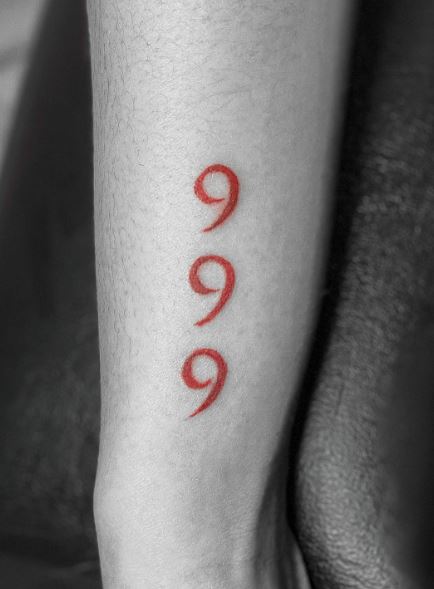 Red Vertical 999 Angel Number Arm Tattoo