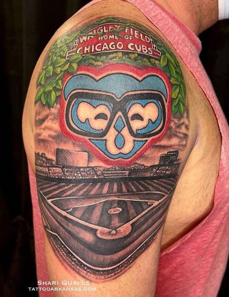 Bear and Chicago Cubs Baseball Stadium Arm Tattoo