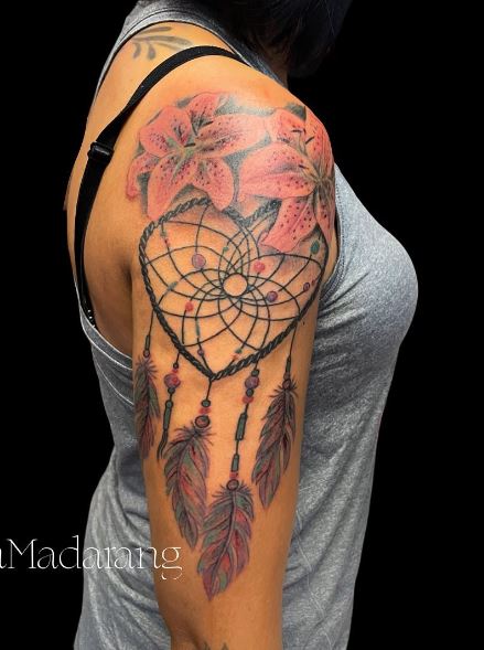 Pink Flowers and Dreamcatcher Arm Half Sleeve Tattoo