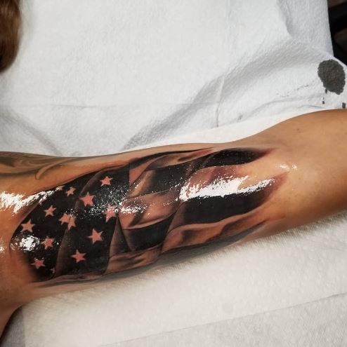 Black and Grey USA Flag Inner Biceps Tattoo