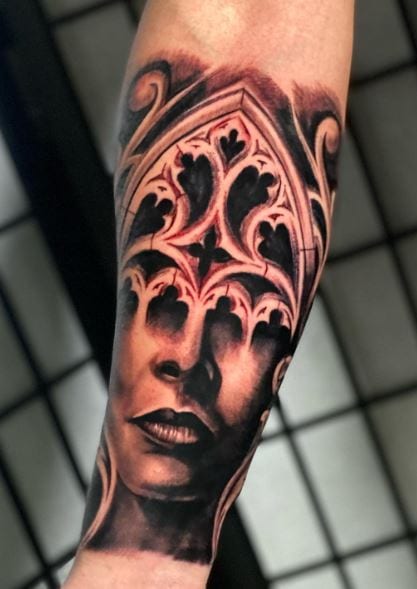 Woman Face and Gothic Cathedral Forearm Tattoo