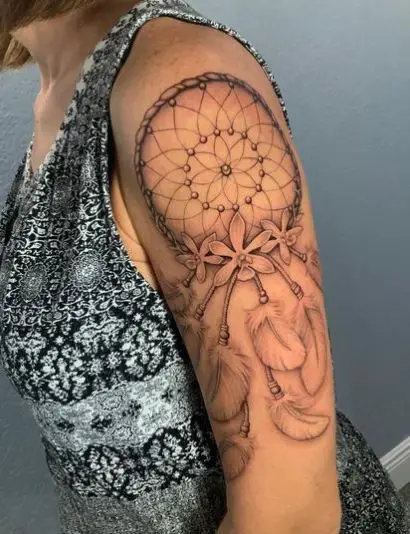 Grey Dreamcatcher with Flowers Arm Half Sleeve Tattoo