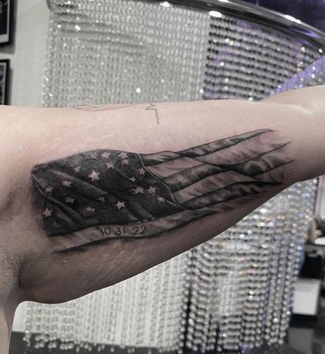 USA Flag with Date Inner Biceps Tattoo