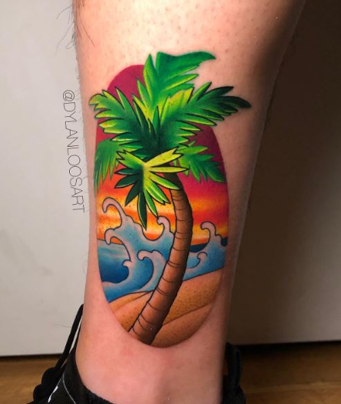 Colorful Ocean Waves and Palm Tree Leg Tattoo