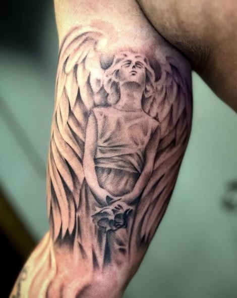 Grey Shaded Angel Arm Tattoo