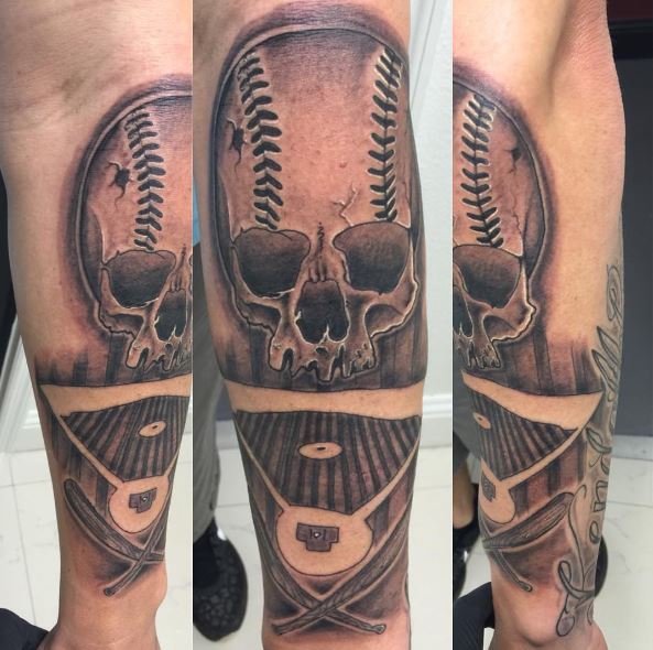 Skull and Baseball Field Forearm Tattoo