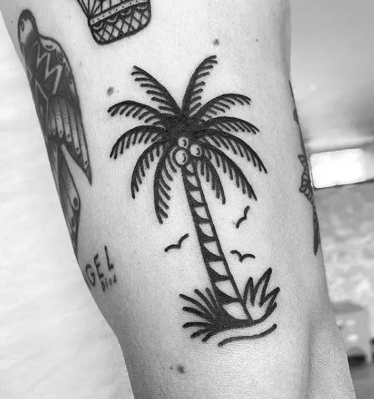 Birds and Traditional Palm Tree with Acorns Arm Tattoo