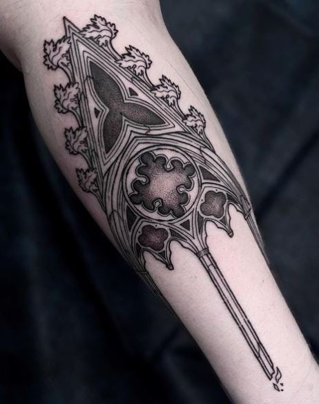 Black and Grey Gothic Architecture Forearm Tattoo