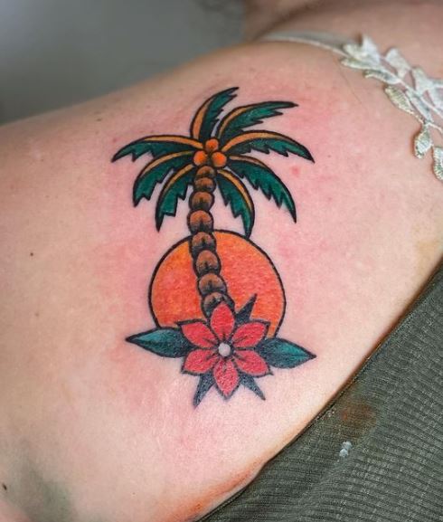 Sun and Traditional Palm Tree with Flower Arm Tattoo