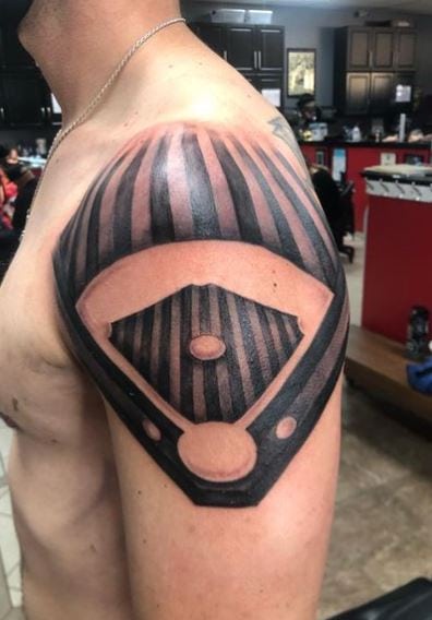 Black and Grey Baseball Field Shoulder Tattoo