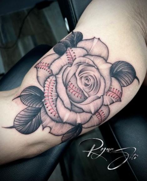 Baseball Rose with Red Stitches Inner Biceps Tattoo