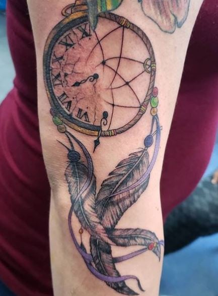 Dreamcatcher with Clock Arm Half Sleeve Tattoo