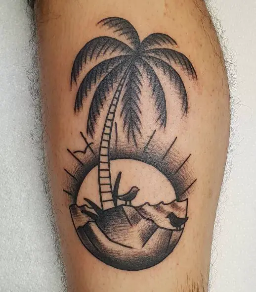 Sunset, Birds and Traditional Palm Tree Leg Tattoo