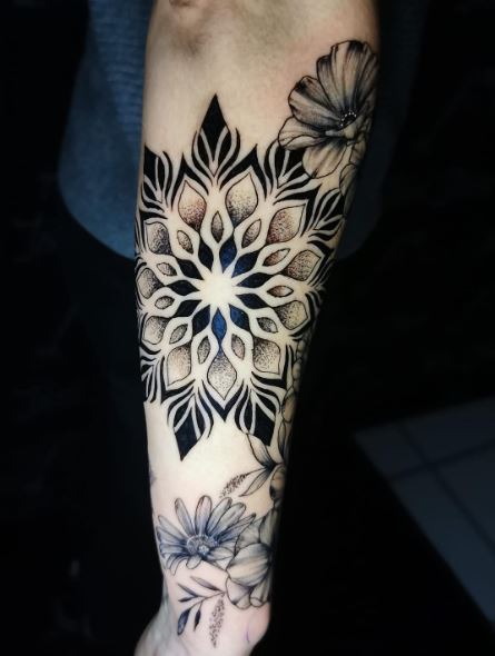 Flowers and Mandala Forearm Sleeve Tattoo