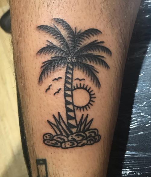 Sun, Birds and Traditional Palm Tree with Acorns Leg Tattoo