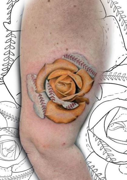 Yellow Rose with Baseball Stitches Arm Tattoo