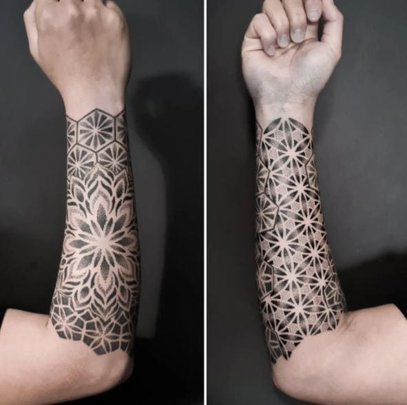 Black and Grey Mandala Forearm Sleeve Tattoo