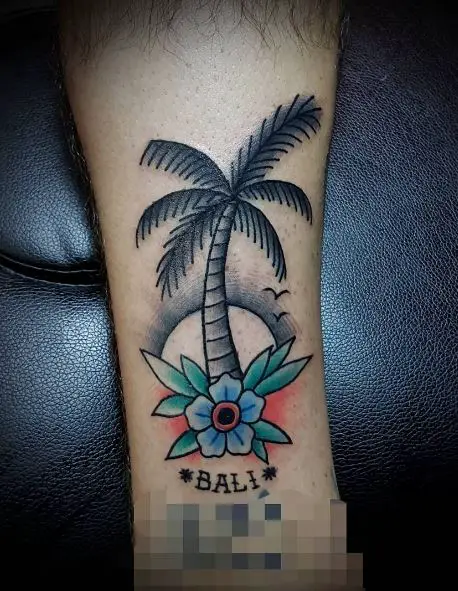 Sunset and Traditional Palm Tree with Blue Flower Arm Tattoo