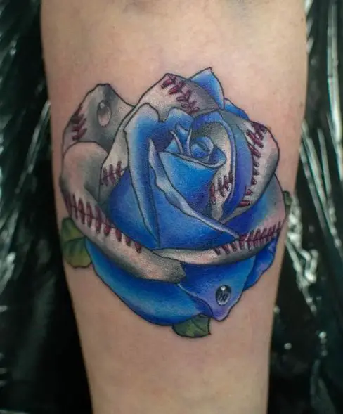 Blue Rose with Baseball Stitches Arm Tattoo