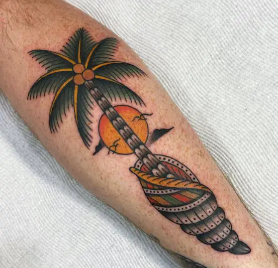 Colorful Sun and Traditional Palm Tree in Shell Arm Tattoo