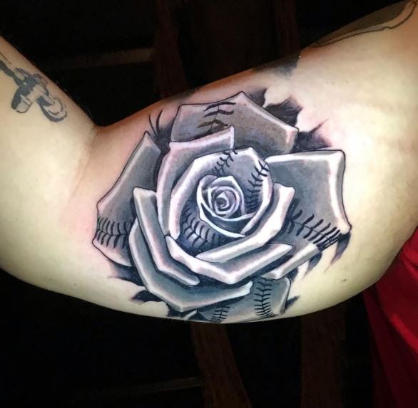 Grey Shaded Baseball Rose with Stitches Inner Biceps Tattoo