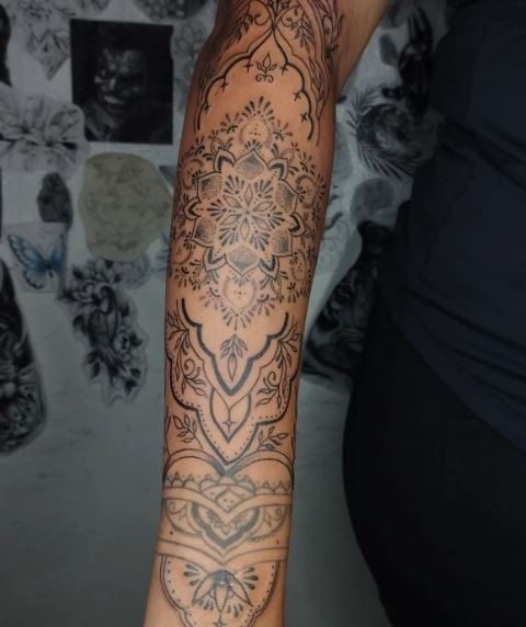 Grey Ornamental Mandala Forearm Sleeve Tattoo