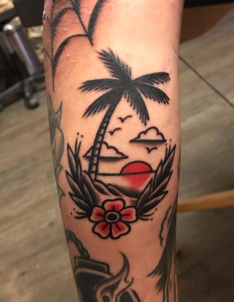 Colorful Sunset and Traditional Palm Tree with Flower Forearm Tattoo