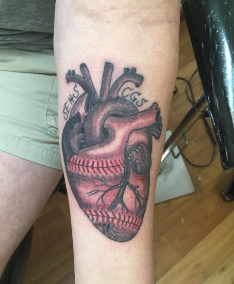 Human Heart with Baseball Seam Stitches Forearm Tattoo