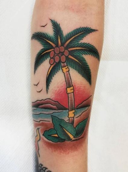 Colorful Landscape and Traditional Palm Tree with Acorns Arm Tattoo