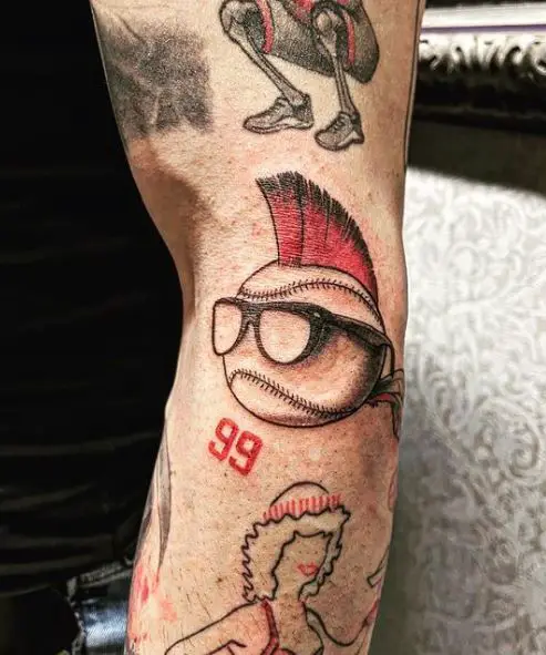 Baseball Ball with Red Hair and Glasses Arm Tattoo