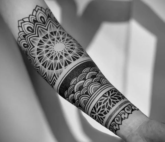 Black and Grey Mandala Forearm Sleeve Tattoo