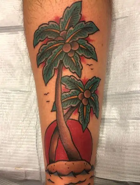 Colorful Sun and Traditional Palm Trees with Acorns Leg Tattoo