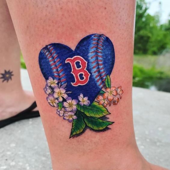 Flowers and Blue Baseball Heart Leg Tattoo
