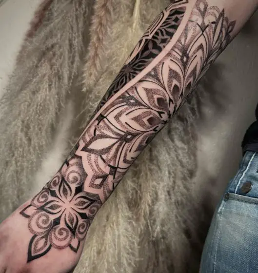 Grey Mandala Forearm Sleeve Tattoo