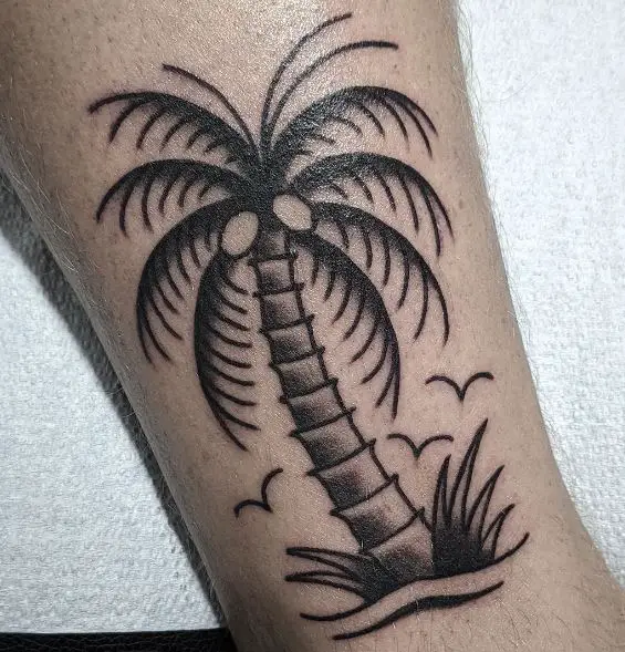 Black and Grey Birds and Traditional Palm Tree with Acorns Leg Tattoo